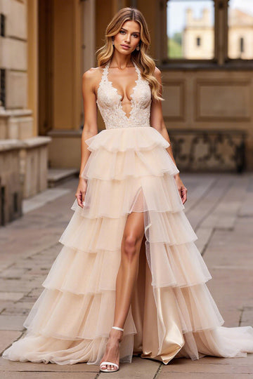 Robe de bal à plusieurs niveaux en dentelle de tulle rose dos nu avec fente